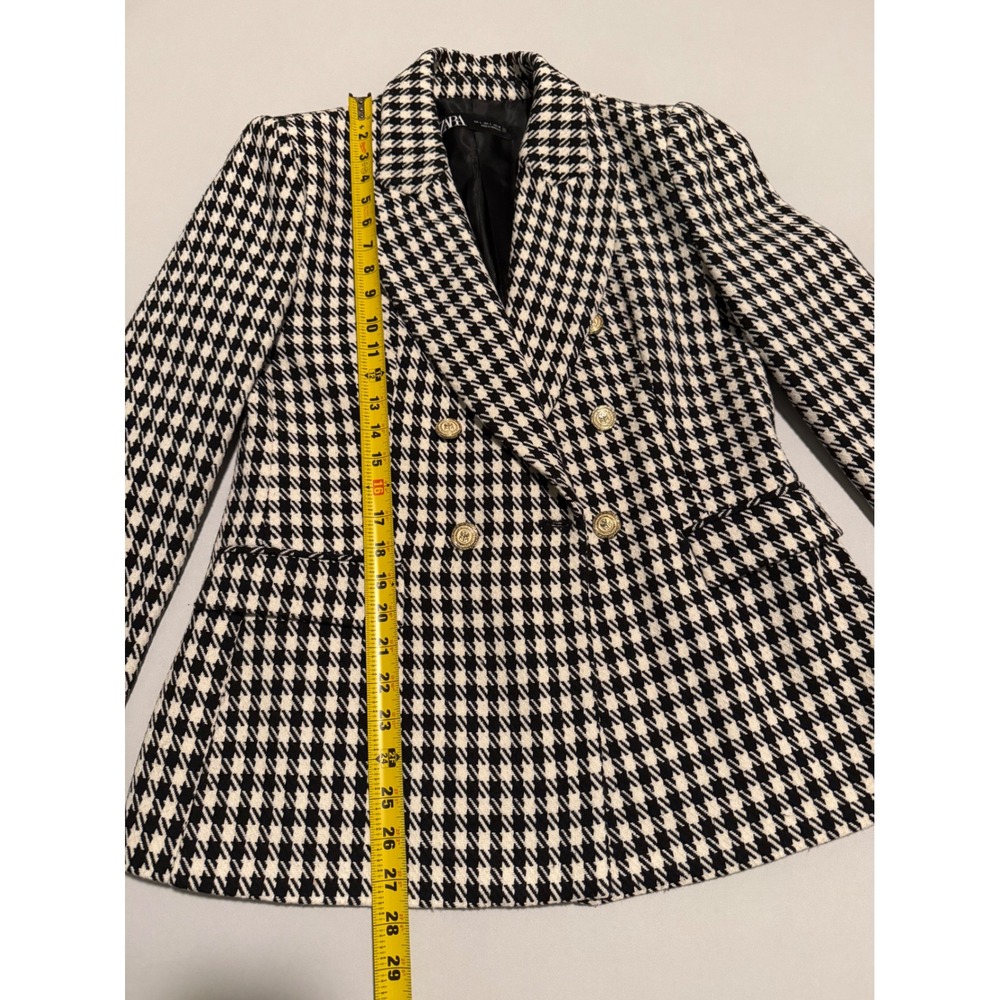 Zara Houndstooth Double Breasted Blazer Black White Gold Button Jacket Large - Picture 10 of 13
